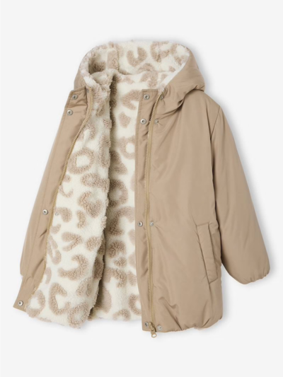 Mädchen Wendejacke mit Leopardenmuster und Recycling-Wattierung - mokka